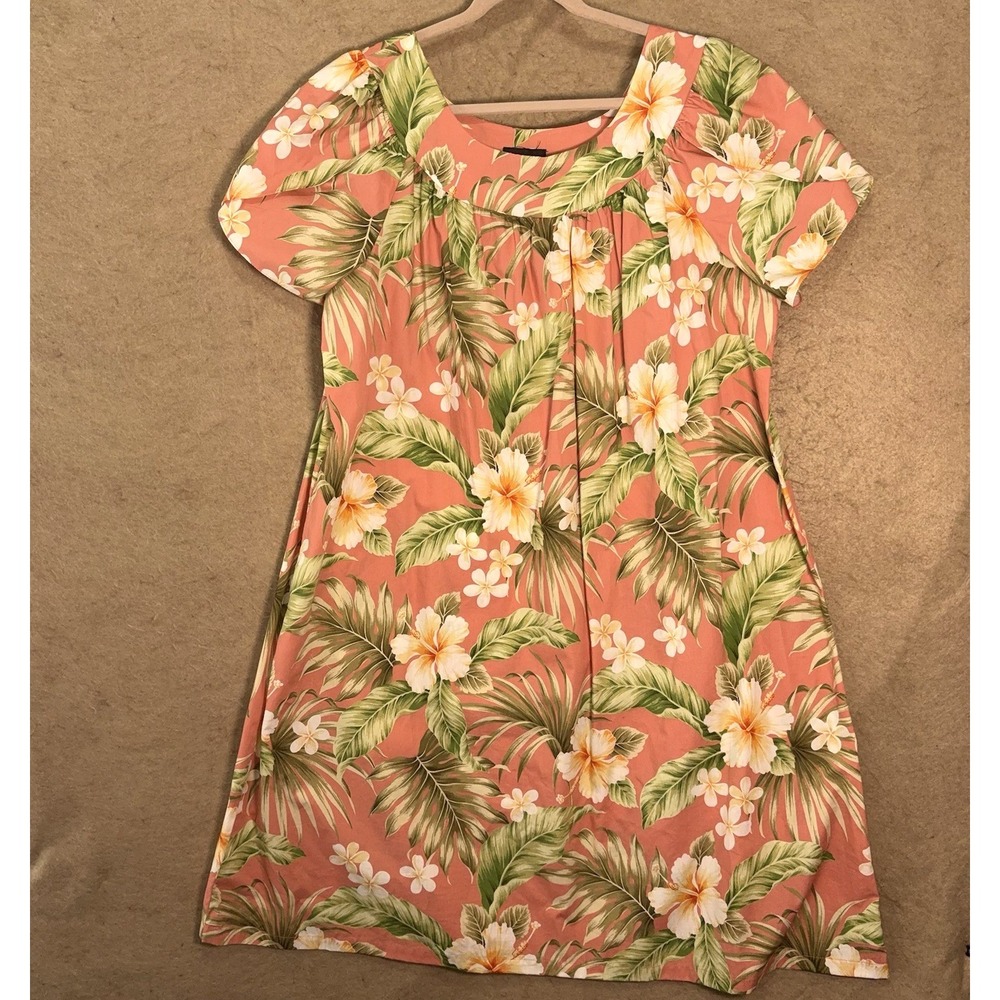 Puanani Hawaiian Dress Womens 1X Peach Floral Tropical‎ Leaf USA Made